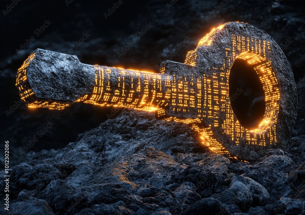 Glowing Ancient Key Embedded in Dark Stone: Mystical Energy and ...