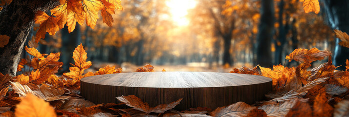 Wall Mural - Wooden platform surrounded by autumn leaves.