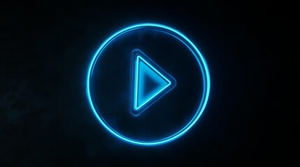 Wall Mural - Animated neon play button in blue on a black background. The button is in a neon style, reminiscent of the start button on a computer. It represents technology and computers