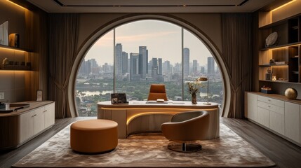 Modern office with a panoramic city view through an arched window, featuring a large desk, two chairs, and a round ottoman.