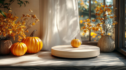 Canvas Print - Pumpkins and fall decor on a wooden table.