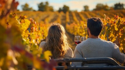 Sticker - Couple enjoying wine in a vineyard during autumn