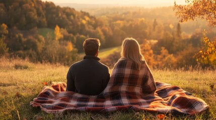 Wall Mural - Couple Wrapped in Blanket, Back to Camera, Viewing Scenic Autumn Landscape