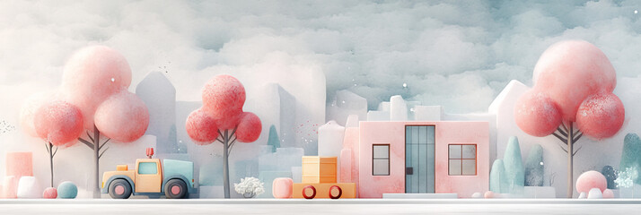 Poster - Cute cartoon city with pastel colored buildings and trees.