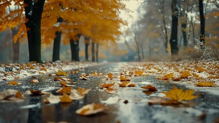 fallen leaves lie scattered on a wet road in a park during a snowy autumn day