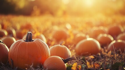 Canvas Print - A Pumpkin Patch at Sunset, with One Pumpkin in Focus