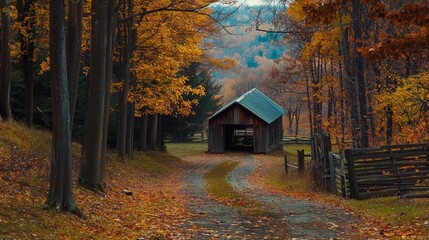 Wall Mural - Rustic Wooden Barn with Open Doors at the End of a Winding Path Through Autumn Foliage