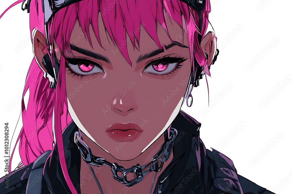 Cyberpunk Anime Girl Portrait with Pink Hair and Red Eyes Stock ...