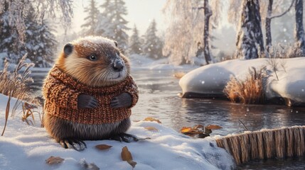 A Beaver Wearing a Knitted Sweater in a Snowy Winter Landscape