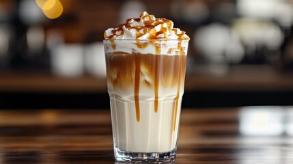 Iced caramel macchiato in a tall glass with milk layers and caramel drizzle generative ai