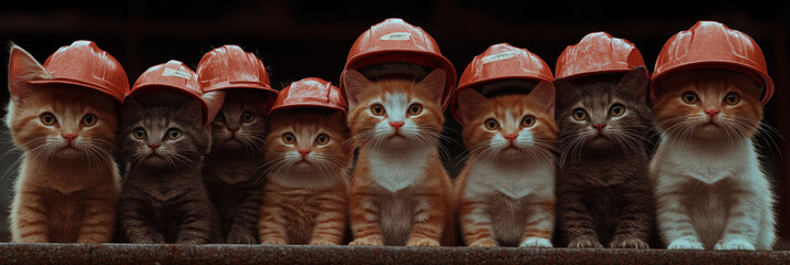 Poster - A row of adorable kittens wearing hard hats.