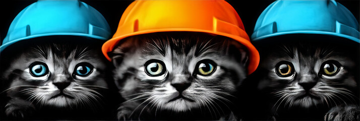 Poster - Three kittens wearing hard hats look intently at the camera.