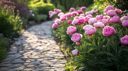 Poster - Pink Peonies Blooming Along a Stone Pathway in a Garden