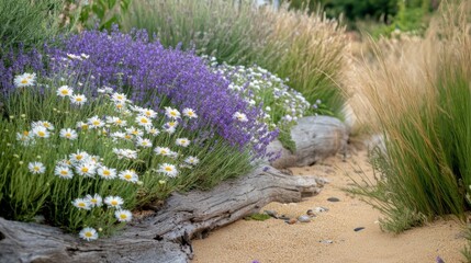 Poster - A Garden Path Lined with Lavender, Daisies, and Driftwood