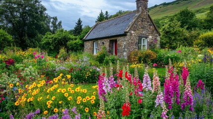 Poster - Stone Cottage Nestled Amidst a Vibrant Wildflower Garden