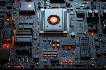Wall Mural - A close-up shot of a computer motherboard with a glowing red CPU in the center.