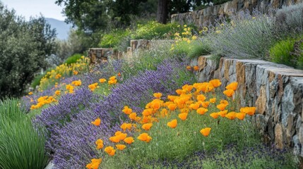 Poster - Lavender and Yellow Flowers Blooming on a Stone Wall