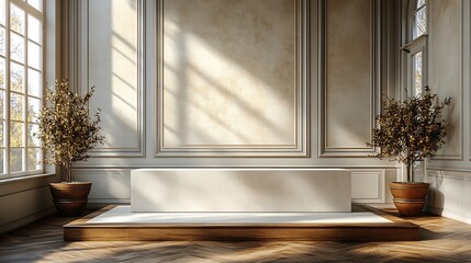 Wall Mural - White podium on wooden platform in classic interior with two plants and window sunlight.