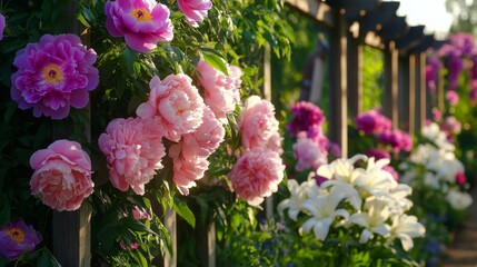 Sticker - Pink and Purple Peonies Blooming Against a Wooden Trellis