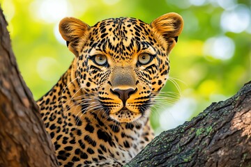 a leopard perched high in a tree, looking down at the savanna below, its sleek form and sharp eyes c