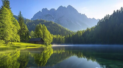 Sticker - Serene Lake Reflections Amidst Majestic Mountains