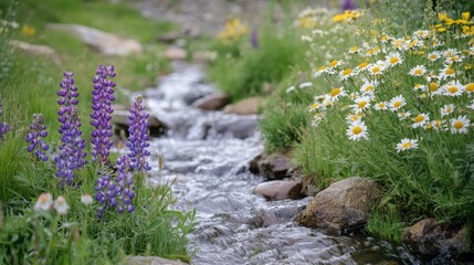 Poster - Purple Lupine Flowers and White Daisies on Either Side of a Stream