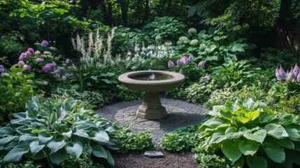 Poster - Stone birdbath surrounded by lush greenery in a garden setting