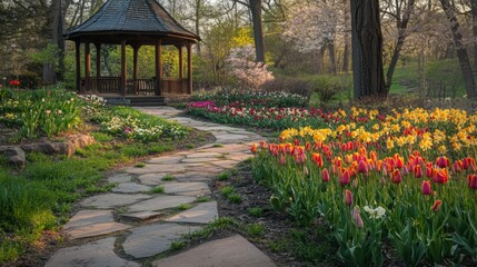 Wall Mural - Stone Path Leading to Wooden Gazebo Surrounded by Colorful Spring Flowers