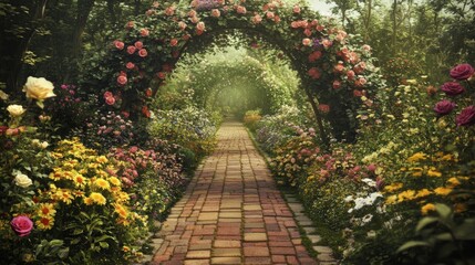 Poster - A Brick Pathway Leading Through A Lush Rose Garden