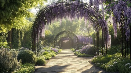 Sticker - A Stone Path Through a Garden of Wisteria and Green Trees