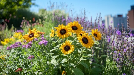 Wall Mural - Vibrant Sunflowers and Lavender in a Summer Garden