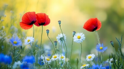 Poster - Red Poppies and White Daisies in a Field of Wildflowers