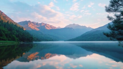 Sticker - Serene Lake Reflections at Sunrise in Mountain Landscape