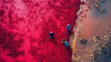 Wall Mural - Aerial View of Workers Harvesting Red Berries in a Field