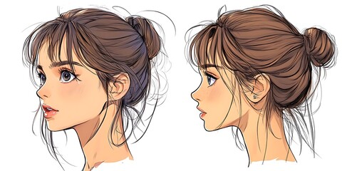 Sticker - Anime Girl Profile Portrait, Side View, Brown Hair, Bun, Illustration, Art