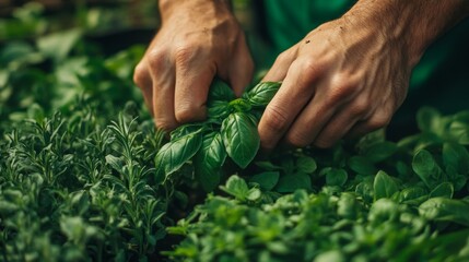 Poster - Close-up of Hands Picking Fresh Basil from a Garden