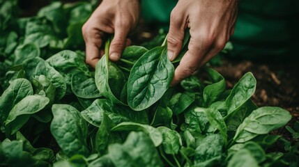 Canvas Print - Hands Picking Fresh Green Spinach Leaves from a Garden