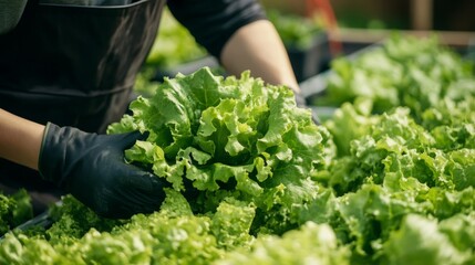 Sticker - Close-up of a Farmer's Hand Picking Fresh Green Lettuce