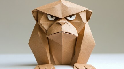 Canvas Print - A brown paper sculpture of a monkey with angry eyes, AI