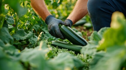 Canvas Print - A Farmer's Hand Holding Two Freshly Harvested Green Zucchini in a Garden