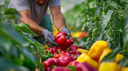 Canvas Print - Farmer Harvesting Red and Yellow Bell Peppers in a Greenhouse