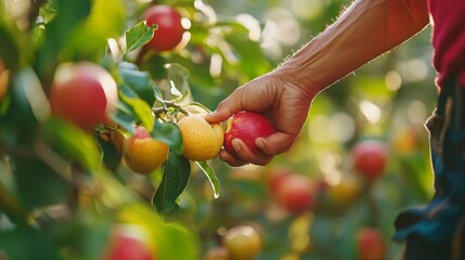 Sticker - A Person's Hand Picking a Ripe Red Apple from a Tree Branch