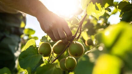 Sticker - Hand Reaching for Ripe Kiwi Fruit on a Branch