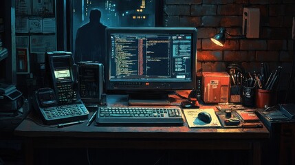 A dimly lit office desk with a computer displaying code, a phone, and a keyboard. A figure stands in the window looking out at a city at night.