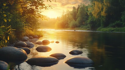 Sticker - Serene River at Sunset with Rocks and Greenery