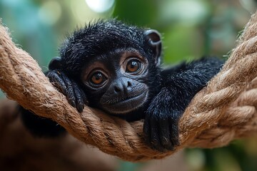 Wall Mural - cute baby monkey relaxing on a rope swing in the jungle