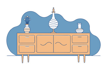 Wall Mural - Elegant Sideboard Vector with Wooden Texture and Decorative Vases on Blob Design – Line Drawing Illustration