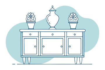 Wall Mural - Elegant Sideboard Vector with Wooden Texture and Decorative Vases on Blob Design – Line Drawing Illustration