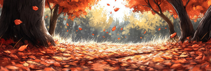 Canvas Print - Autumn leaves fall in a forest setting.