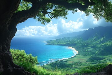 Sticker - Scenic View from Under a Tree, Ocean, Coast, and Mountains